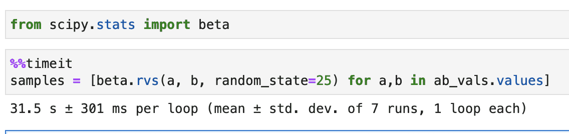 screenshot of scipy time-it with 31.5 s ± 301 ms per loop (mean ± std. dev. of 7 runs, 1 loop each)