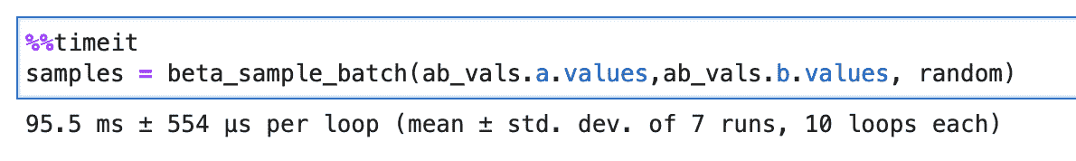 screenshot of c++ time-it with 95.5 ms ± 554 µs per loop (mean ± std. dev. of 7 runs, 10 loops each)